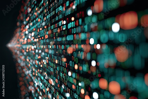 Digital stream of binary code with glowing bokeh effects