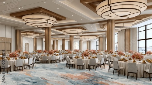 Grand banquet hall with round tables, floral centerpieces, and opulent chandeliers