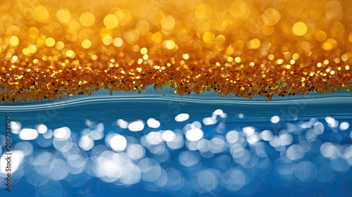 Glimmering golden particles rest above a shimmering, cool blue water surface