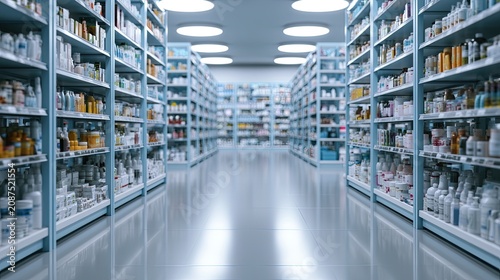 Aisles of healthcare products on shelves in a well-lit pharmacy