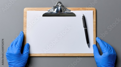 Hands in blue gloves holding a clipboard with blank paper and a pen