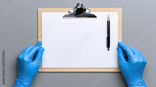 Hands in blue gloves hold blank clipboard with pen, ready for notes