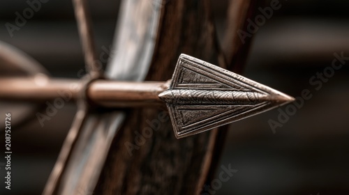 Close-up of a metal arrowhead with intricate etchings, piercing a wooden surface