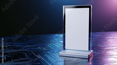 Futuristic digital display screen stands on a circuit board