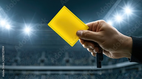 Referee?s hand holds up a yellow card, stadium lights illuminate the scene