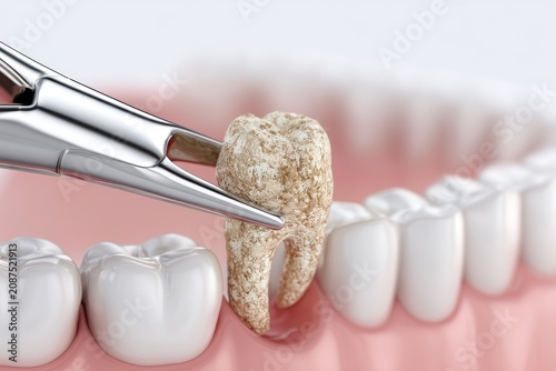 Metal dental forceps extract a decaying, diseased tooth from a gum line