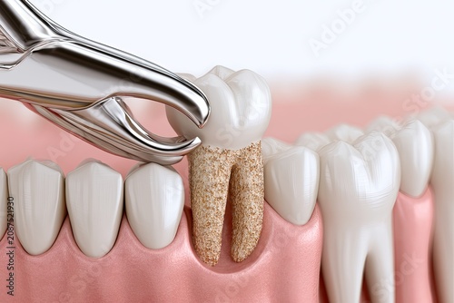 Dental forceps extract a decaying tooth from gums
