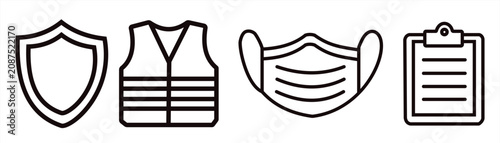 Set of black line icons showing safety shield reflective vest medical face mask and clipboard checklist for health and work