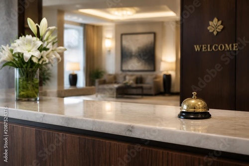 Elegant hotel reception desk with a decorative bell.