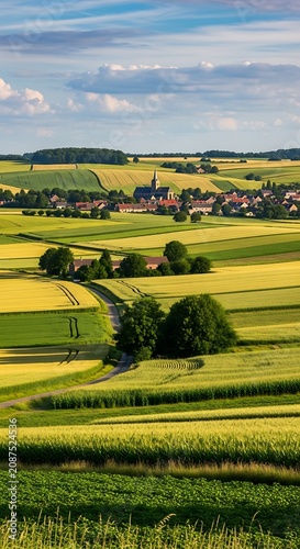 Aerial view of rural farmland with winding river.