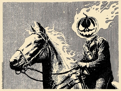 Woodcut style illustration of headless horseman with flaming jack-o-lantern head riding horse, halloween art