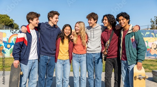 Group of happy young friends with arms around each other standing outdoors in skate park on sunny day with skateboards.