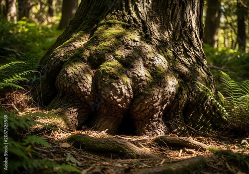 Ancient weathered stone face in lush forest setting.