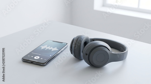 Smartphone playing music with wireless headphones on white surface Generative AI