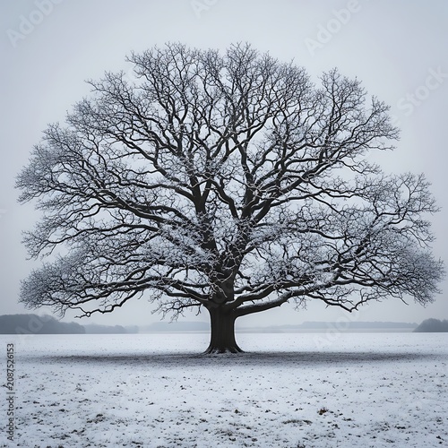 Bare winter tree standing alone in snow.
