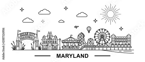 Minimalist Line Art Vector of Ocean City Maryland Boardwalk Skyline with Amusement Rides