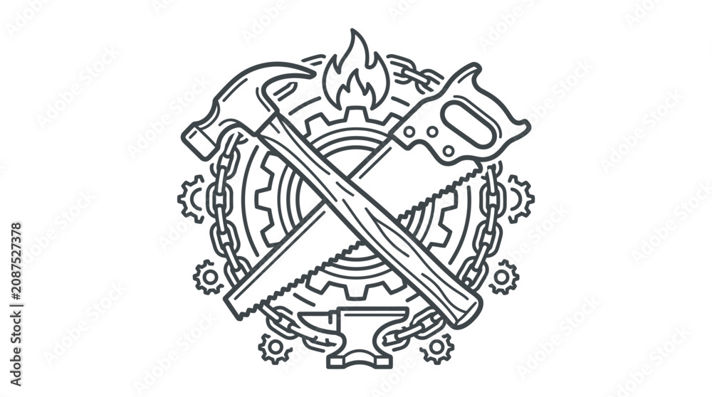 Obraz premium Elegant Black and White Line Art of Industrial Tools Gears and Fire Symbol for Tech or Engineering Concepts