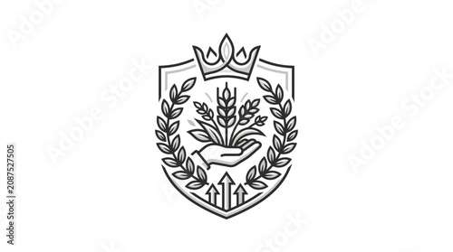 Modern Black and White Shield Emblem with Crown Wheat Hand Arrows and Laurel Wreath with high quality professional line art symbols for modern creative design and digital branding projects