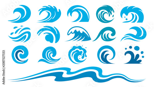 Collection of stylized blue wave and spiral icons on a light background