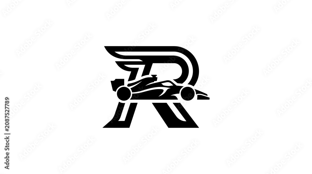 Fototapeta premium Formula 1 Racing Car Silhouette with Stylized R Logo