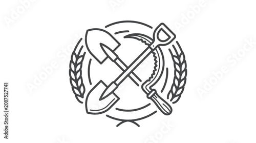 Schilderij op canvas Modern Black and White Line Drawing of Communist Symbol Hammer Sickle and Wheat