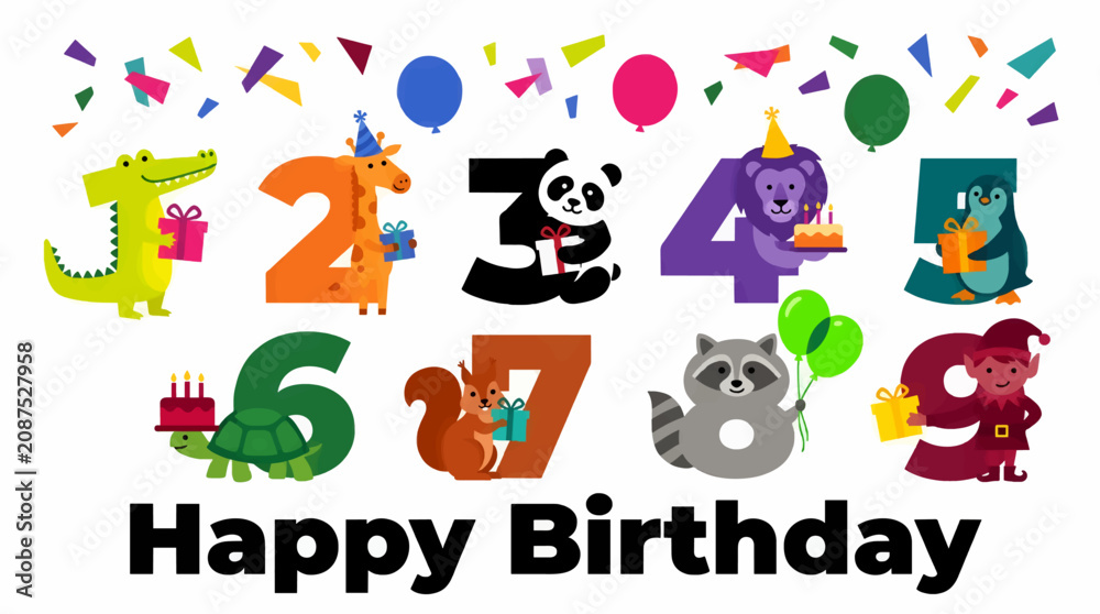 Fototapeta premium Flat Vector Illustration of Numbers 1-9 with Animals and Gifts for Happy Birthday Celebration, Colorful Confetti and Balloons Background