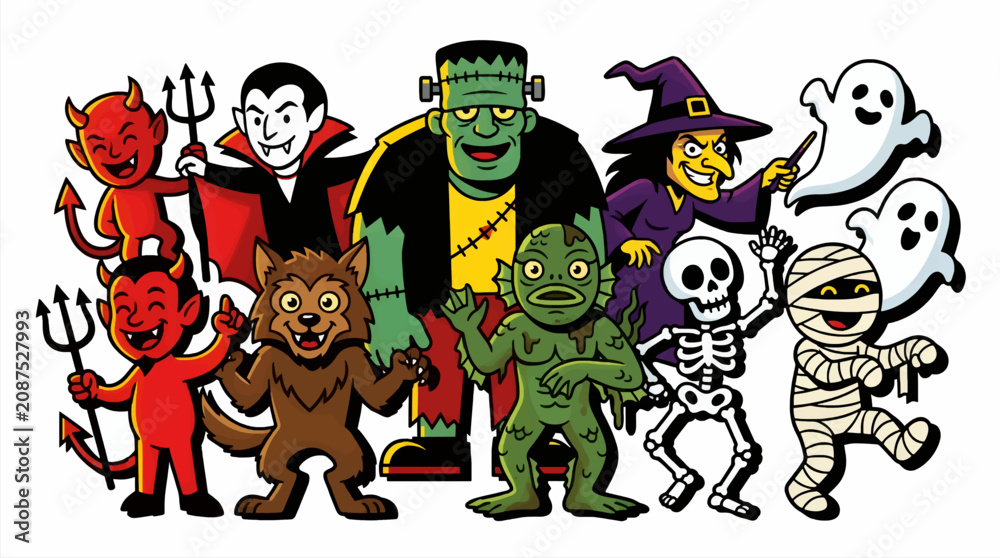 Fototapeta premium Playful Cartoon Halloween Characters Collection: Vampire, Frankenstein, Witch, Werewolf, Mummy, Skeleton, Creature, and Ghosts in Flat Vector Style, Festive Spooky Group