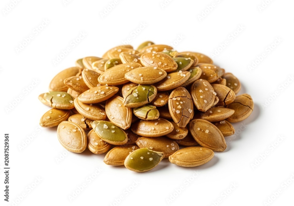 Obraz premium A pile of whole roasted pumpkin seeds with light salt seasoning, isolated on a white background, highlighting crunchy textures and shapes, meal, edible, snack