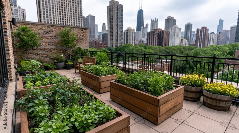 Fototapeta premium Rooftop vegetable garden with raised planter beds in an urban chicago city skyline