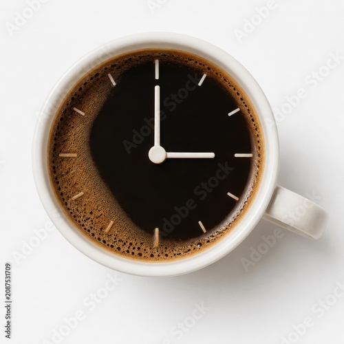 Clock face floating in steaming black coffee close up minimal morning concept