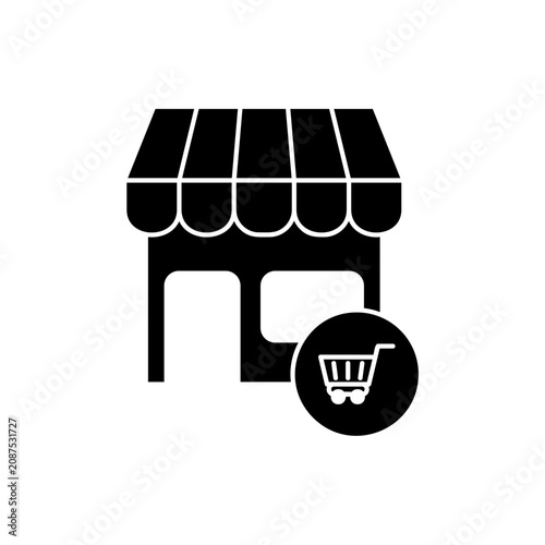 Online store icon vector flat silhouette of boutique shop front awning with shopping cart symbol for e-commerce digital retail application marketplace and commerce concept