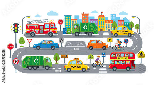 Busy City Traffic Scene with Vehicles, Cyclists, and Buildings