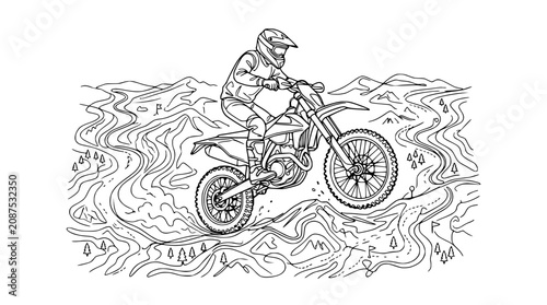 Billede på lærred Motocross rider in mid-air over a rugged, mountainous landscape, line art illust