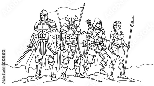 Photography Fantasy Warrior Team Lineup: Knight, Viking, Archer, Warrior - Line Art