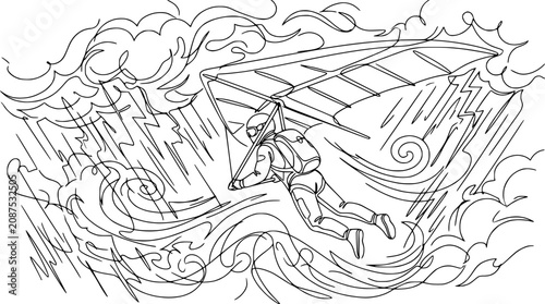 Hang Glider Pilot Soars Through Stormy Sky with Lightning and Rain - Line Art