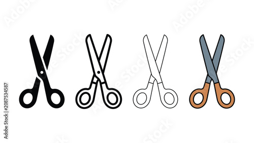 Four diverse graphic representations of scissors illustrating different styles including solid silhouette outline and colored versions against a white background
