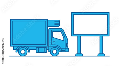 Foto Delivery truck next to a blank billboard advertisement, blue outline vector illu