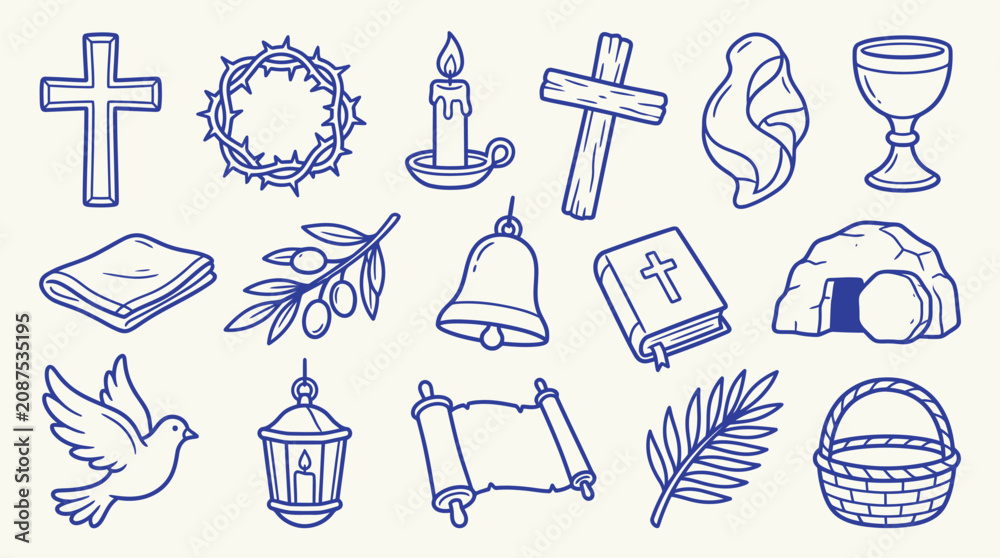 Obraz premium Collection of Christian religious symbols and icons drawn in a simple doodle style on a light background.