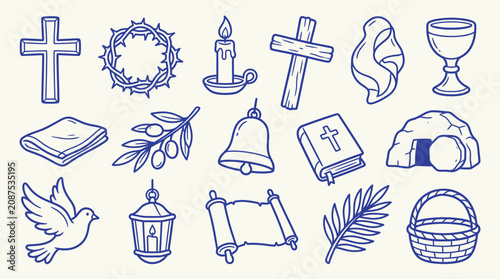 Foto Collection of Christian religious symbols and icons drawn in a simple doodle style on a light background
