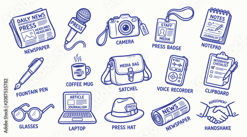 Collection of journalistic and reporting tools and equipment, illustrated in a simple doodle style.
