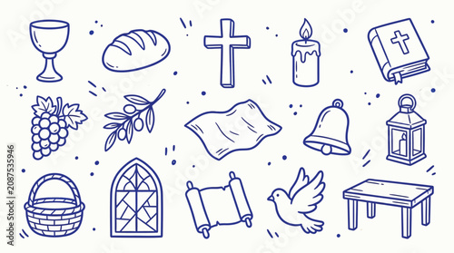 Fotografía Collection of Christian religious symbols and elements drawn in a doodle style