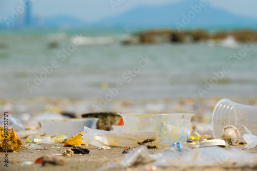 Tableau sur toile Polluted beach with plastic waste and garbage washed up on the shore, environmen