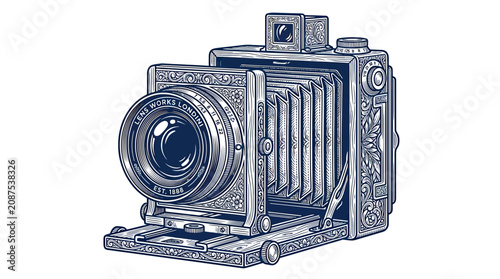 Tableau sur toile Vintage bellows camera illustration, antique photography equipment, retro style