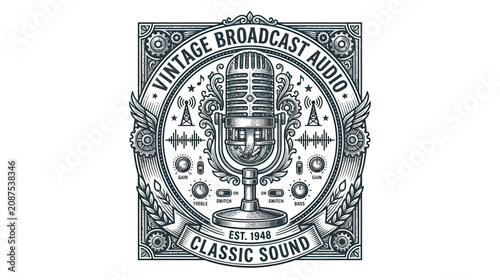 Schilderij op canvas Vintage Microphone Broadcast Audio Classic Sound Est 1946 Emblem Design