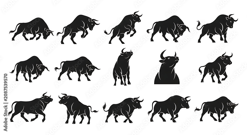 Fototapeta premium Black and white animal icons set with horns