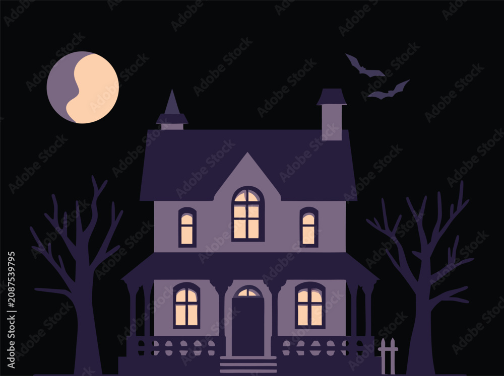 Fototapeta premium Haunted House Silhouette with Moon Bats and Bare Trees Night Scene