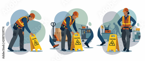 Safety Technicians Placing Caution Signs in Industrial Warehouse