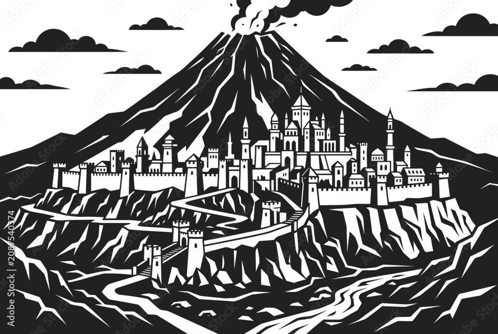 Fototapeta premium Ancient City on Volcanic Mountain Slope, Epic Landscape Illustration