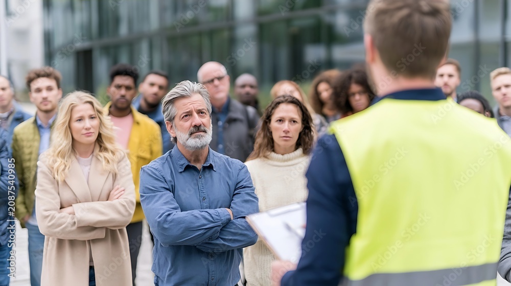 Fototapeta premium Diverse group of people listening attentively to a speaker in a modern urban setting.