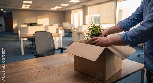An employee packing a potted plant into a cardboard box to leave the corporate office on resignation day